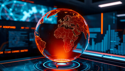 A holographic globe projection showing the world map, with orange and blue lighting effects, displayed on a futuristic interface