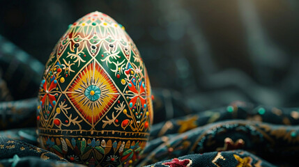 A close-up of a beautifully decorated Ukrainian pysanka Easter egg, featuring intricate geometric patterns and vibrant colors, set against a dark velvet background that enhances the details. .