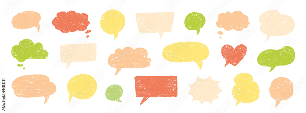 Poster Crayon talk speech balloon frame doodle vector. Hand drawn crayon doodle speech cloud bubble set. Chalk texture sketch text talk cloud balloon frame background. Vector illustration.