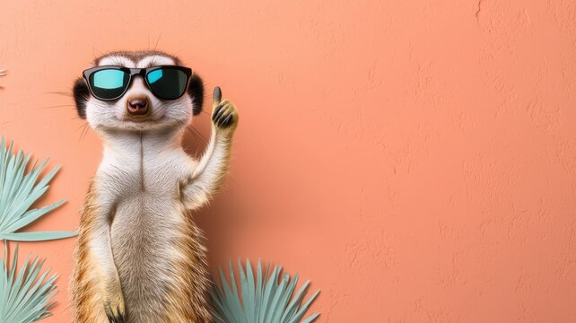 A stylish meerkat wearing sunglasses gives a thumbs up against a vibrant orange background, perfect for fun and quirky themes.