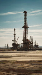 Oil field for extracting fossil fuels from the ground. Oil drilling rigs in the desert