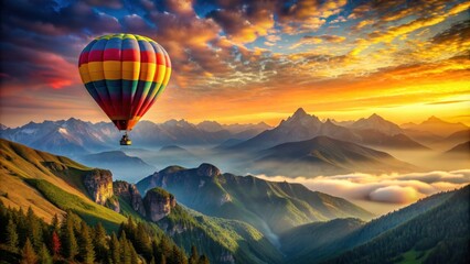 Fototapeta premium Hot air balloon soaring high in the colorful sky above the majestic mountains