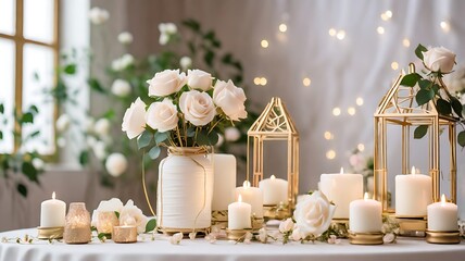 Wedding table newlyweds covered with a tablecloth of gold color. Beautiful bouquets of flowers on the table. Table set for an event party or wedding reception. Beautiful table setting.