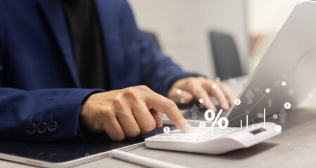 close up sales executive man hand press on calculator to calculate about commission rate form...