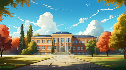 Illustration of a school building in cartoon style