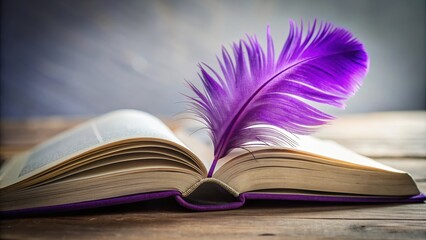 Purple feather resting on top of an open book , reading, education, learning, writing, creativity, imagination, knowledge