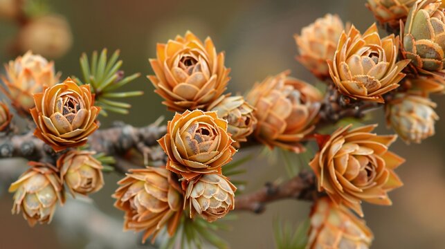 07231249 344. Elegant close-up of European larch with light brown female cones and delicate opening buds, ideal for natural-themed seasonal wallpaper