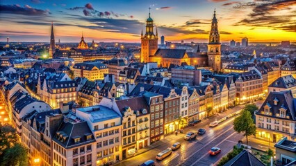 Fototapeta premium The Evening European cityscape with illuminated buildings and bustling streets , Europe, evening, cityscape, buildings