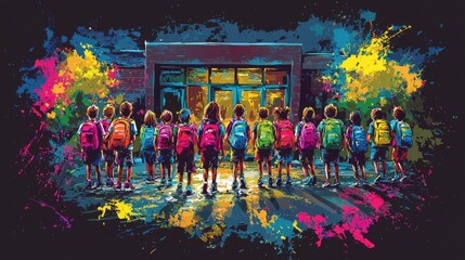 Fototapeta premium First-day-of-school photo with children lining up at the school gate, excited faces, colorful backpacks, welcoming school environment, early morning light, ample copy space Watercolor Illustration