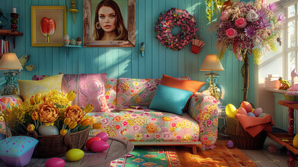 A vibrant living room filled with Easter decor, such as a colorful egg tree centerpiece on the coffee table, a basket of fresh flowers and Easter eggs on the sofa, and a bright, patterned rug