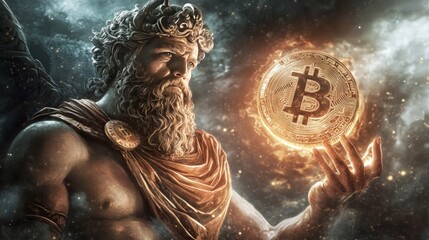 A mythical figure with a bitcoin symbol, representing the merging of ancient mythology and modern cryptocurrency technology.