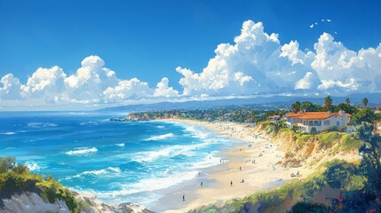 Obraz premium Coastal California Beach House with Ocean View and Blue Sky