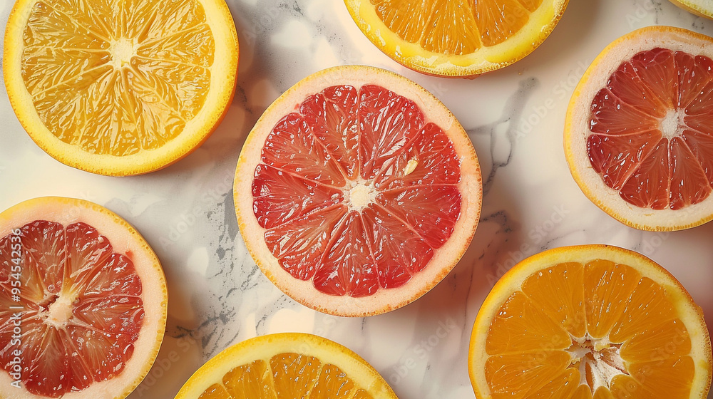 Wall mural A flat lay of halved and quartered oranges, grapefruits, and lemons arranged in a gradient pattern on a marble countertop. The bright citrus colors create a refreshing look.