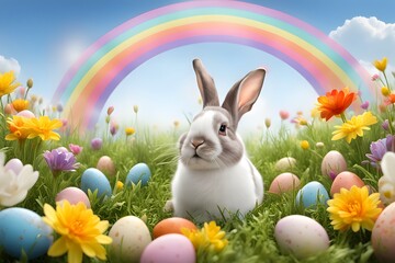 Fototapeta premium A playful easter scene with a bunny in a field of flowers with a rainbow in the background, Ai Generated