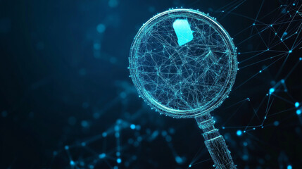 A magnifying glass symbolizing internet search, illustrated in a digital polygonal vector style. This design features a low poly wireframe with line connections, suitable for modern technology themes.