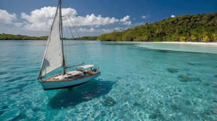 Sailing boat in blue lagoon at tropical island 