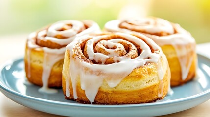 Freshly Baked Cinnamon Rolls Drizzled with Icing on a Vintage Plate in Warm Afternoon Sunlight