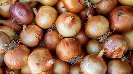 07231249 351. A large pile of Allium Cepa onions with their golden-brown skins, arranged in a rustic heap showcasing their natural texture and vibrant colors
