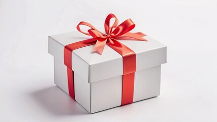 Obraz premium White gift box with red ribbon and bow.