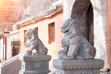 Naklejka premium Stone lions at Lingyue Temple in Mentougou District, Beijing
