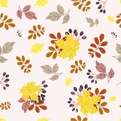 Autumn seamless pattern with different leaves and berries hand drawn in simple style and seasonal colors. Autumn pattern background texture for print, textile, wrapping paper, wallpaper, web. Vector