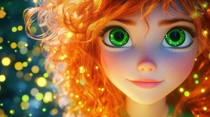 Fototapeta premium A wide lens shot captures a lightskinned girl with wavy hair and green eyes, stepping into a magical world, curious and awed.
