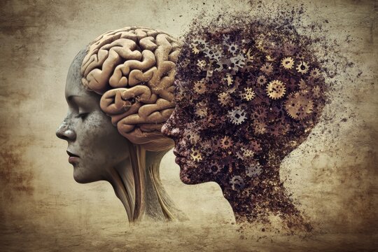 Cognitive skills Trust Dual profile view of male and female heads with mechanical brains representing intertwining of thoughts technology and the evolution of human cognition in a vintage setting