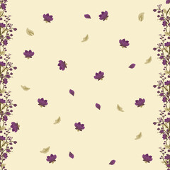 Delicate Beige and Purple Floral Vine Pattern with Falling Petals and leaf seamleass pattern vector illustration for fablic textile 