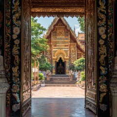 Fototapeta premium Ornate Golden Temple Doors with Intricate Carvings in Thailand