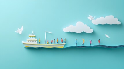 Fototapeta premium Paper Cut Ferry Boat Transporting Passengers on Waterborne Public Transit