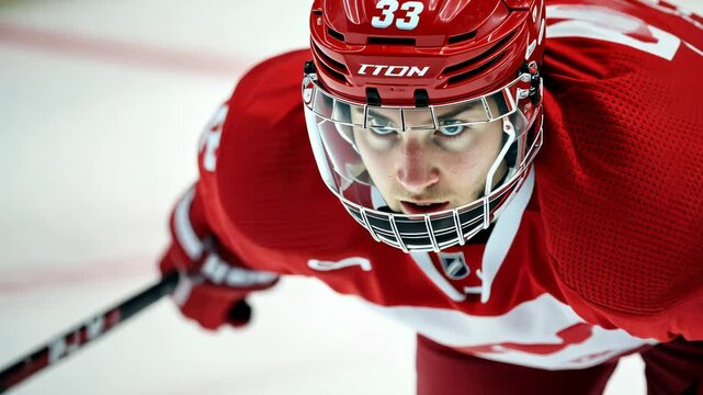 Close-up of intense ice hockey player in red jersey number 33, focused expression during game, helmet and protective gear visible, competitive sports action on ice rink