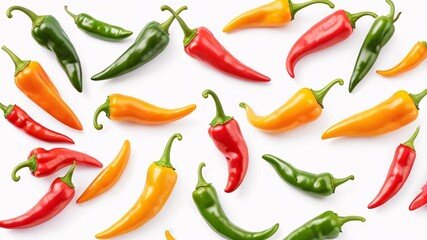 Colorful chili peppers arranged on a white background.