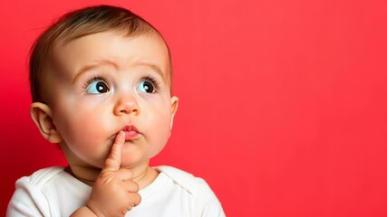 Contemplative baby with finger on lips looking up thoughtfully, wearing white onesie against bright red background, portrait of infant with wondering expression as if trying to remember