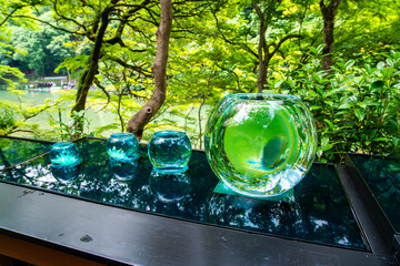 Japanese garden view with reflection and flowers, in Arashiyama Kyoto, Japan