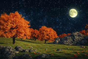 Fototapeta premium A serene landscape featuring vibrant autumn trees under a starry sky illuminated by a bright moon.
