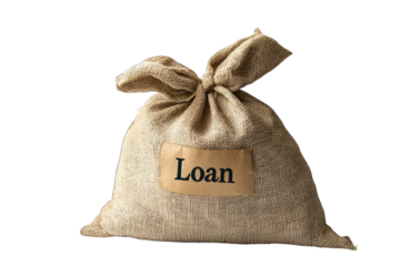 A rustic burlap sack labeled with the word 'Loan', representing finance, borrowing, and monetary concepts.