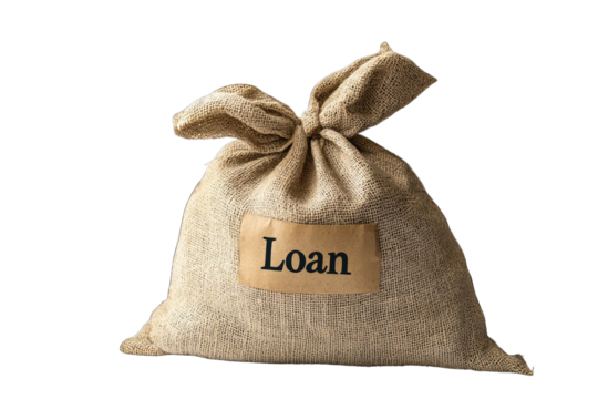 A rustic burlap sack labeled with the word 'Loan', representing finance, borrowing, and monetary concepts.