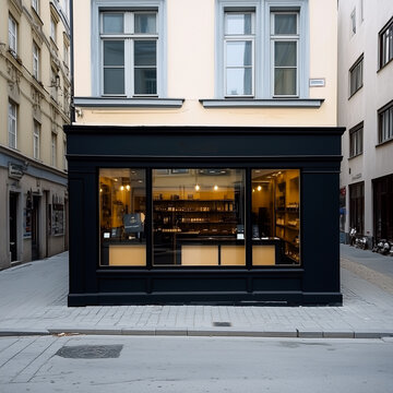 Shop front mockup, small store facade template for branding and business presentation, view of big window in European street