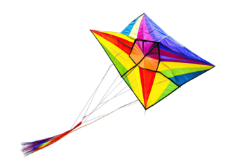 Colorful rainbow kite soaring high in the sky, symbolizing freedom and joy during outdoor activities and fun moments.