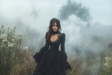 Fototapeta premium A gothic goddess woman in black clothes exuding an air of mystery and allure, perfect for Halloween or fantasy-themed events.