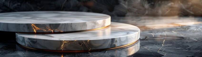 A white marble podium with gold veining, featuring stepped tiers for displaying fine jewelry. 