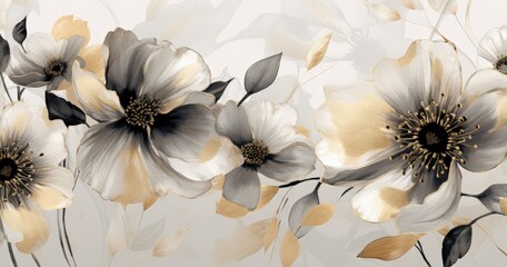 A delicate floral design featuring elegant black, white, and gold flowers against a soft background.