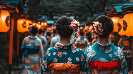 Obraz premium Two women wearing kimonos stand in front of a crowd of people