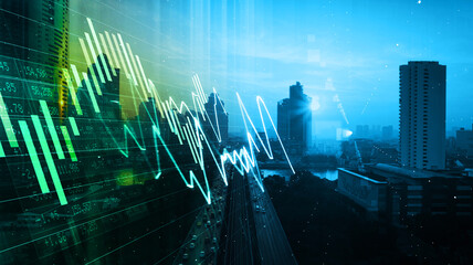 Image of stock market and data processing over cityscape. Global business and technology concept, digitally generated image. Real estate, development and investing concept with financial chart 