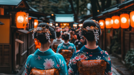 Two women wearing kimonos walk down a street with lanterns