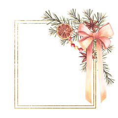 Vintage Christmas old fashioned golden frame. Spruce tree branches with Garland, dried fruits, spices and pink gold bow. Watercolor Xmas decor, square template. Illustration isolated from background