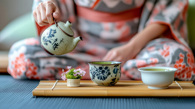 A woman is pouring tea into a cup from a teapot