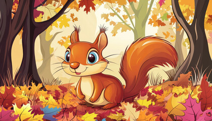 Fototapeta premium A cheerful cartoon squirrel sits among colorful autumn leaves in a vibrant forest setting.