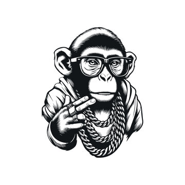 recommend clip art: illustration of monkey wearing glasses and gold necklace in black and white vintage style, hiphop monkey illustration