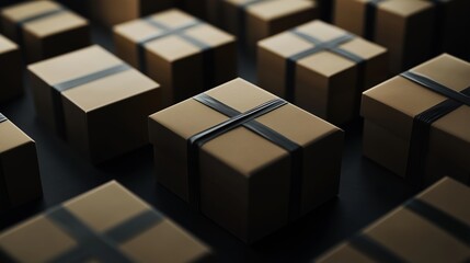 A collection of wrapped gift boxes arranged neatly on a dark surface, captured in a well-lit indoor setting